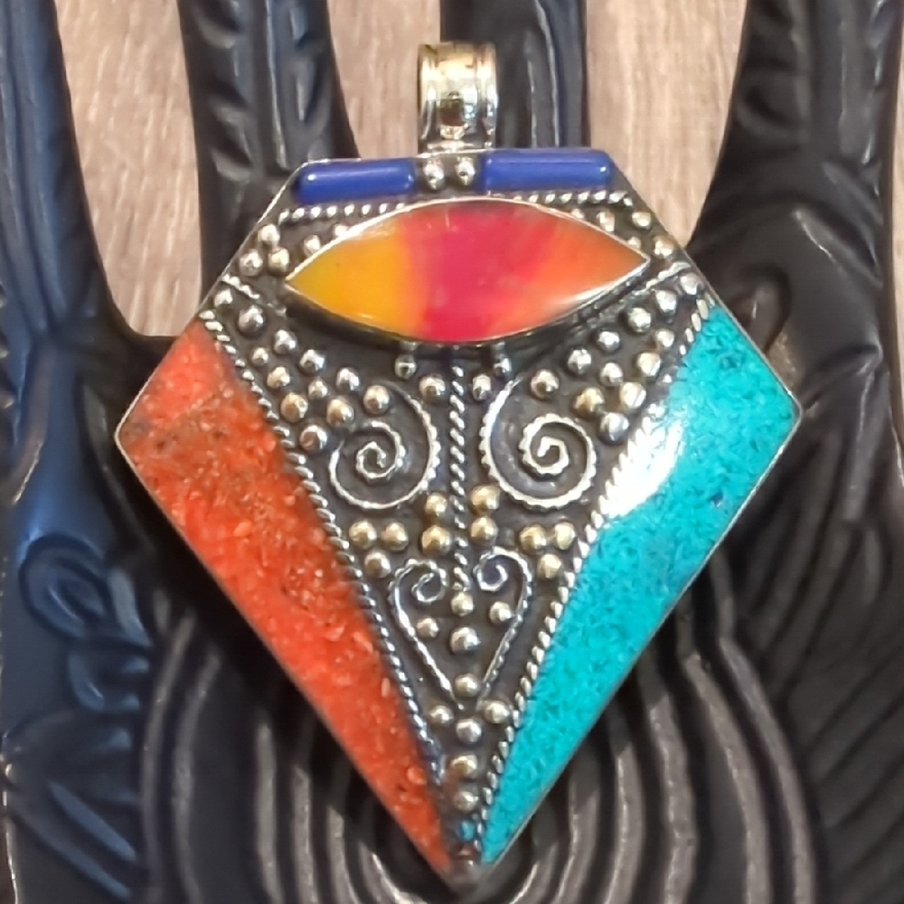 Tibetan Silver Turquoise, Coral, Lapis And Copal Pendant